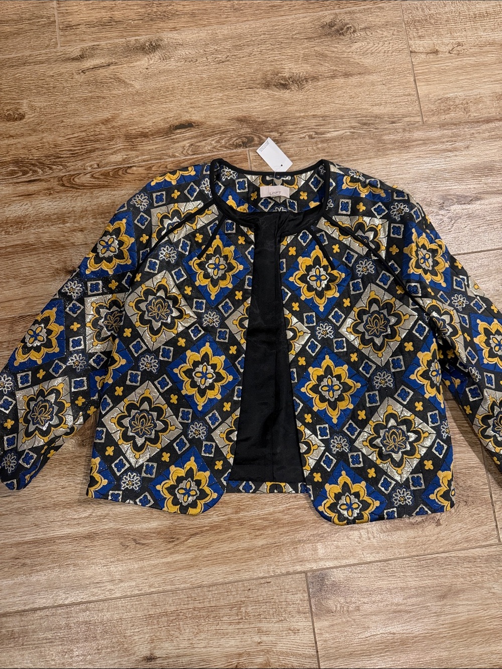 LOFT Floral Tile-Print Open-Front Blazer in Blue, Yellow & Black